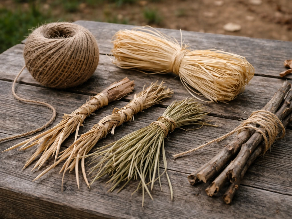 Jute twine and dried plant fiber strips laid out with twigs loosely wrapped for lashing