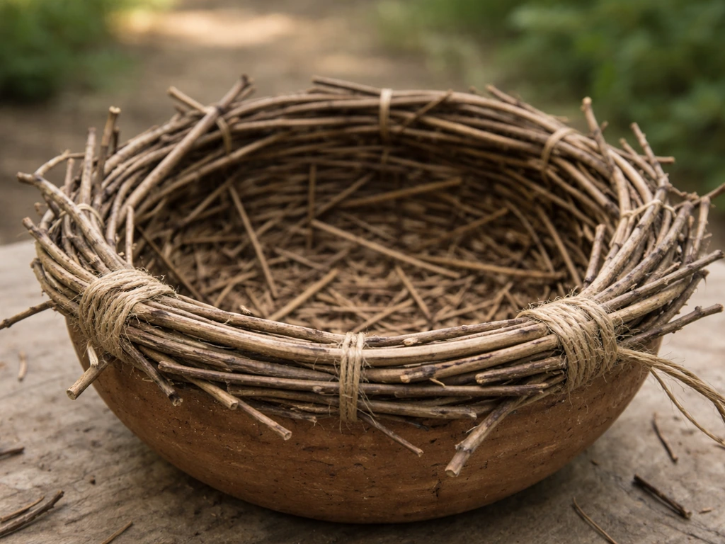 Close-up of interlaced twigs woven into a nest shape and lashed at the rim over a bowl.