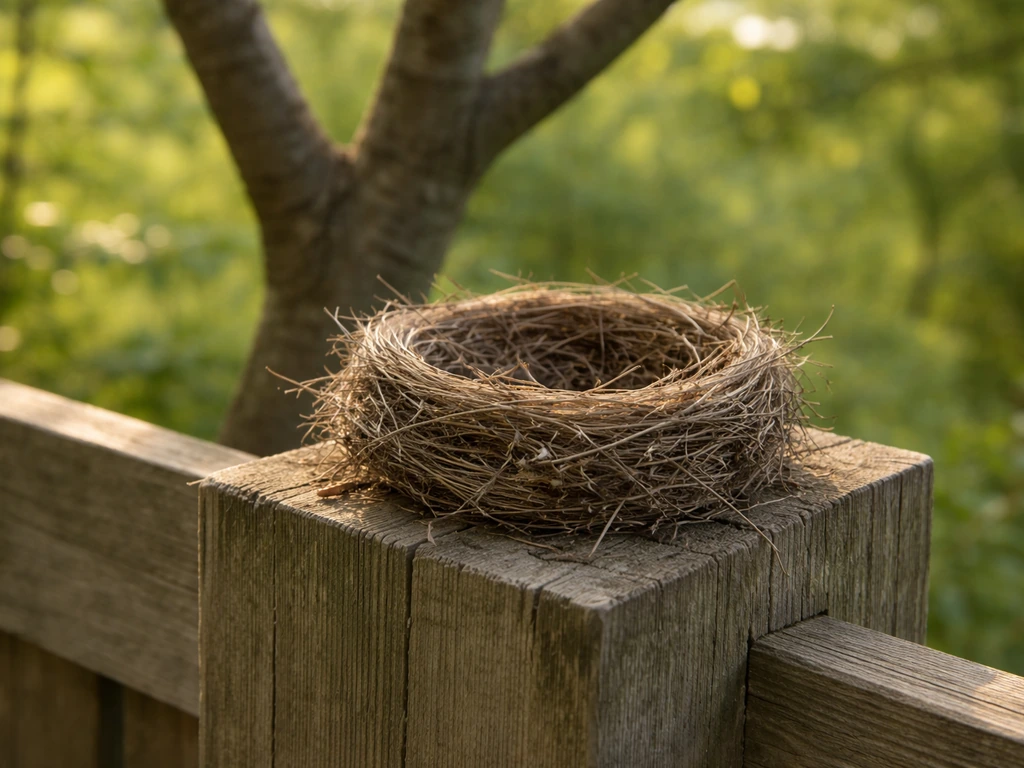 Twig bird nest bowl secured on a sheltered ledge with a clear sense of height outdoors.
