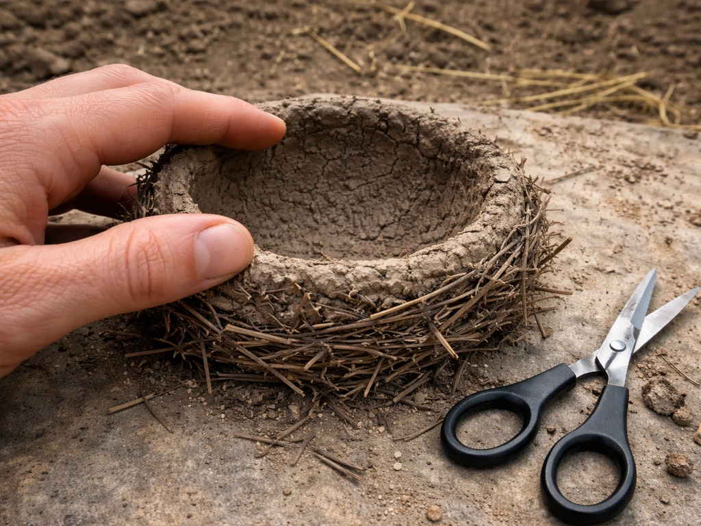 Close-up of hand inspecting a mud-lined bird nest cup while trimming twig tips flush and smooth.