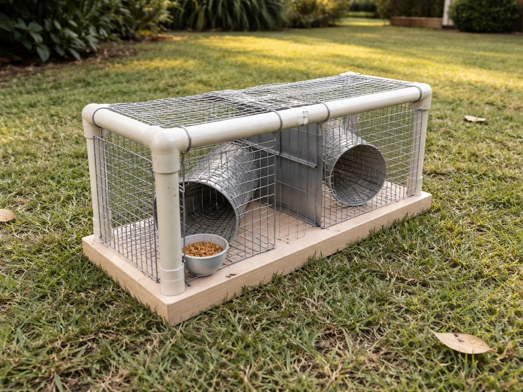 Humane two-chamber myna live-capture trap in a quiet yard with bait visible, no bird present.