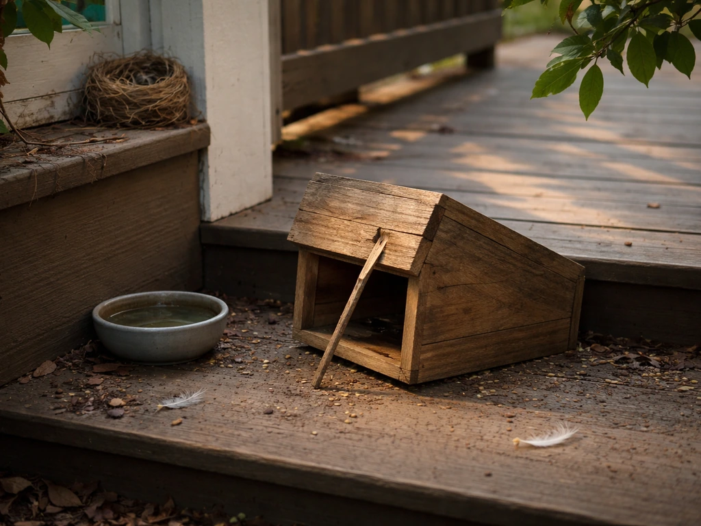 Outdoor porch with a bird trap near nesting signs and feathers, suggesting not trapping when wildlife is active.