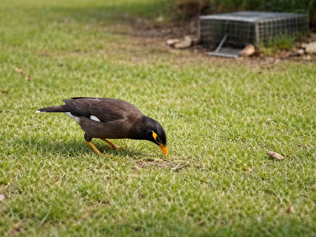 Daytime Indian myna ground-feeding near short grass, with an unobtrusive trap-ready area in the background.
