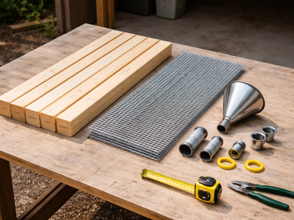 Timber pieces, hardware cloth panels, and funnel-valve parts laid out on a workbench with tools nearby.