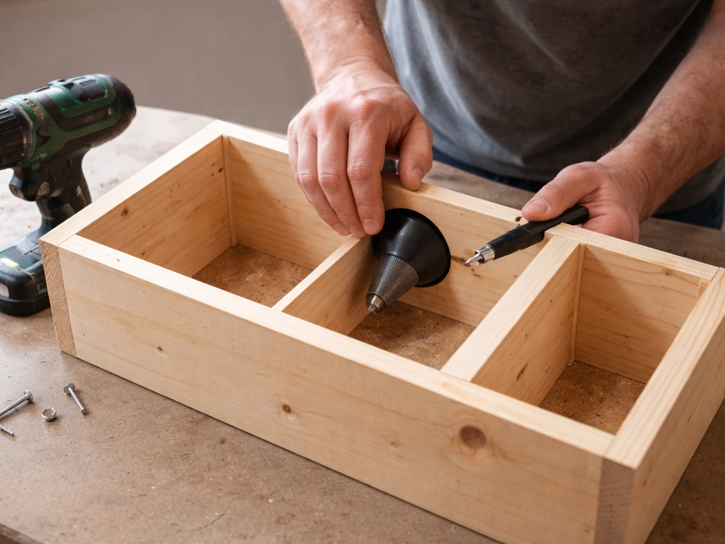 Builder installing a one-way funnel valve into a partially built two-chamber wooden trap frame on a workbench.