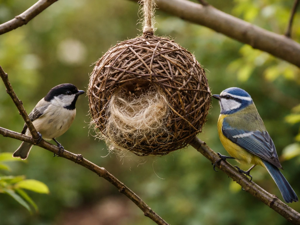 Small songbirds perched near a weather-resistant nesting-fiber ball outdoors.