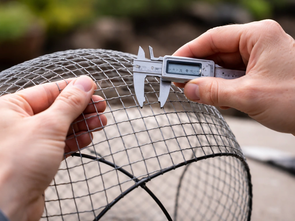 Person holding a small mesh screen over a ball-shaped frame, using calipers to check opening size