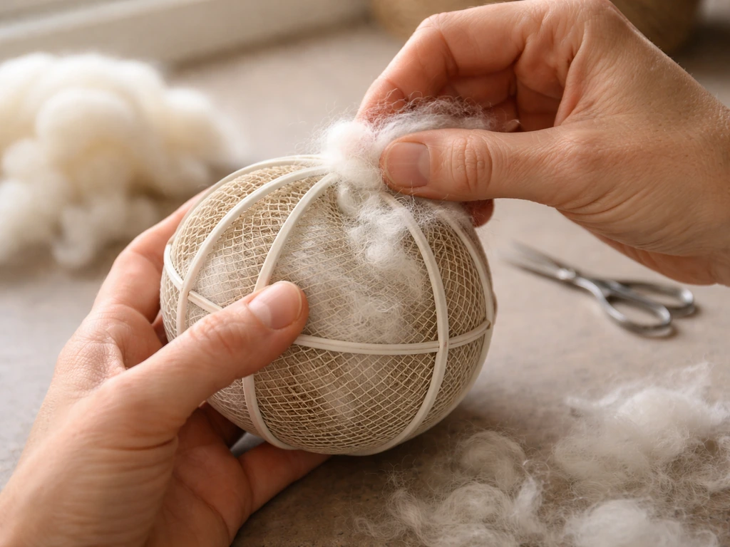 Hands stuffing and closing a small spherical mesh nesting ball on a simple tabletop.