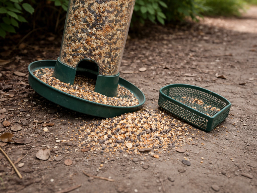 Close-up of a bird feeder with spilled seed clumps on the ground, and a partially disassembled feeder nearby