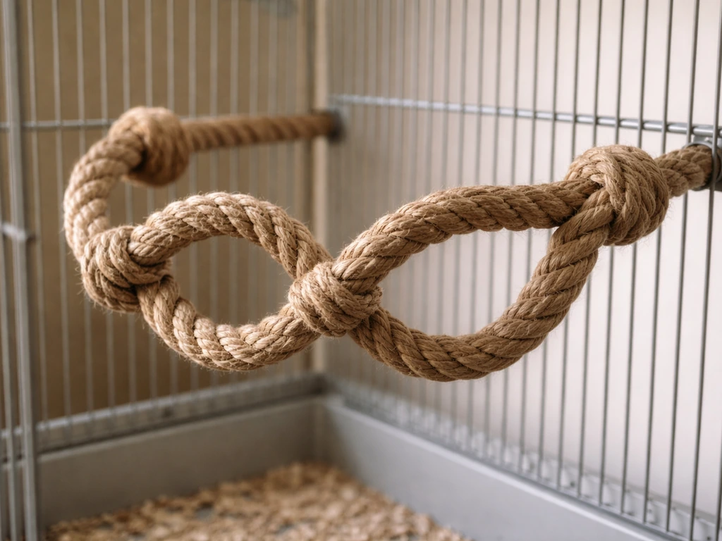 Finished natural rope bird perch with tight knots, securely mounted inside a simple birdcage.