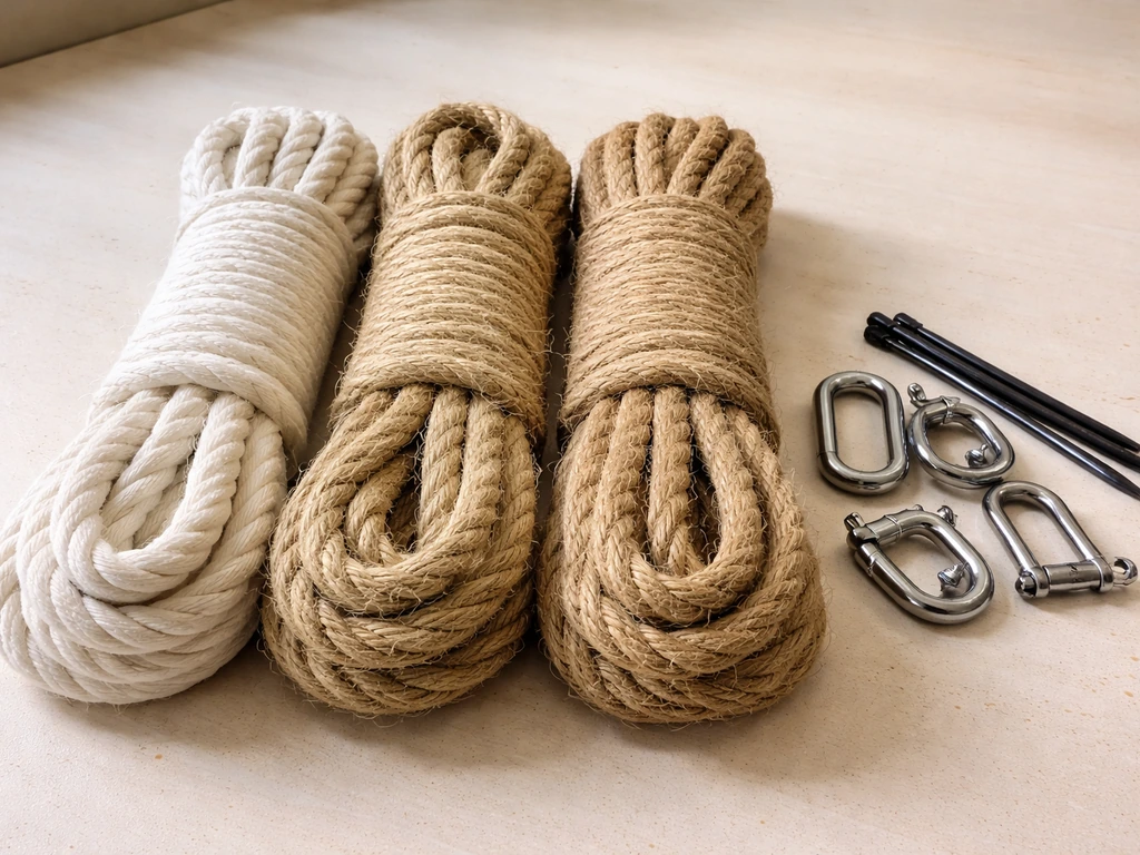 Close-up of unbleached cotton, sisal, and jute ropes with stainless hardware laid out for selection.