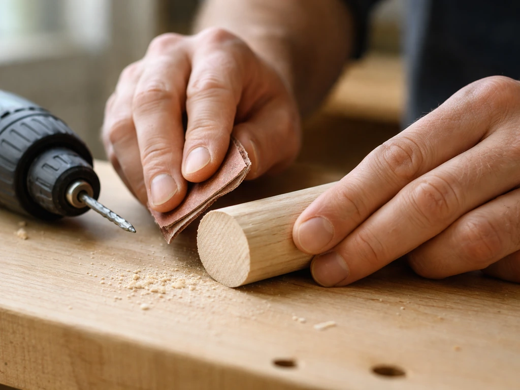 Hands sanding and drilling a small wood dowel base for a rope-wrapped bird perch