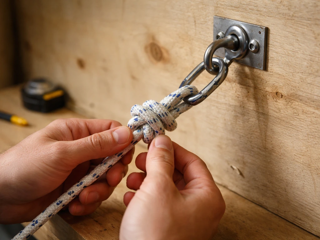 Close-up of hands checking a rope end knot and tugging eye-bolt mounting hardware safely.
