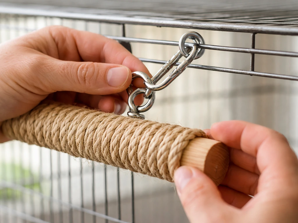 Hands attaching a rope-wrapped dowel bird perch to a cage bar using a quick link and eye bolt