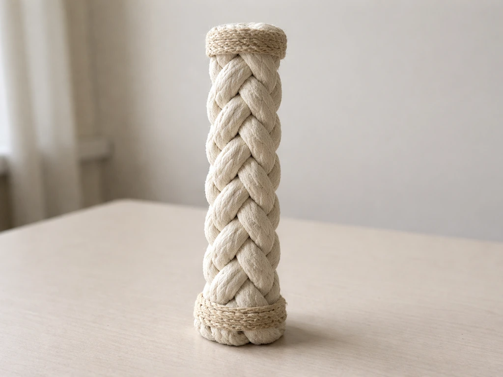 Braided rope perch made from multiple strands, freestanding and textured on a simple tabletop