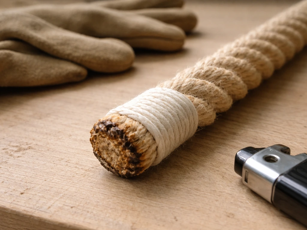 Close-up of a neatly trimmed rope end being sealed to prevent fraying