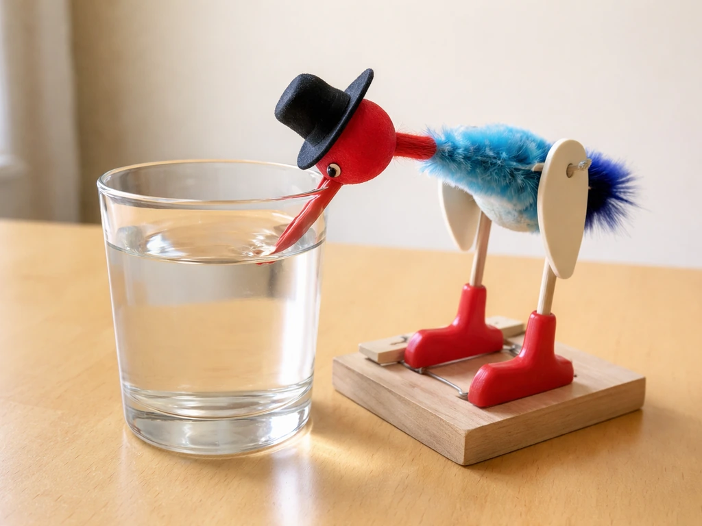 Handmade drinking bird toy on a small stand next to a water cup, beak dipping mid-cycle
