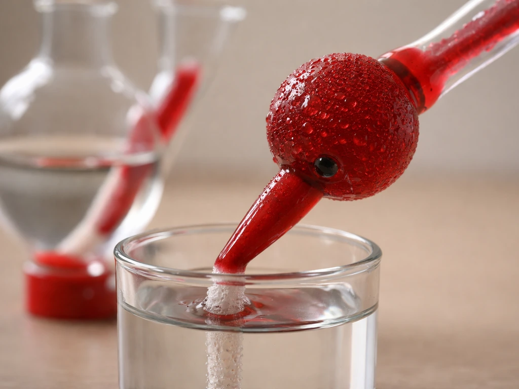 Close-up of a two-bulb drinking bird heat engine with wick and beak contact point