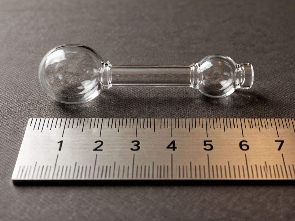 Two borosilicate glass bulbs connected by a straight tube, next to a ruler for size reference.