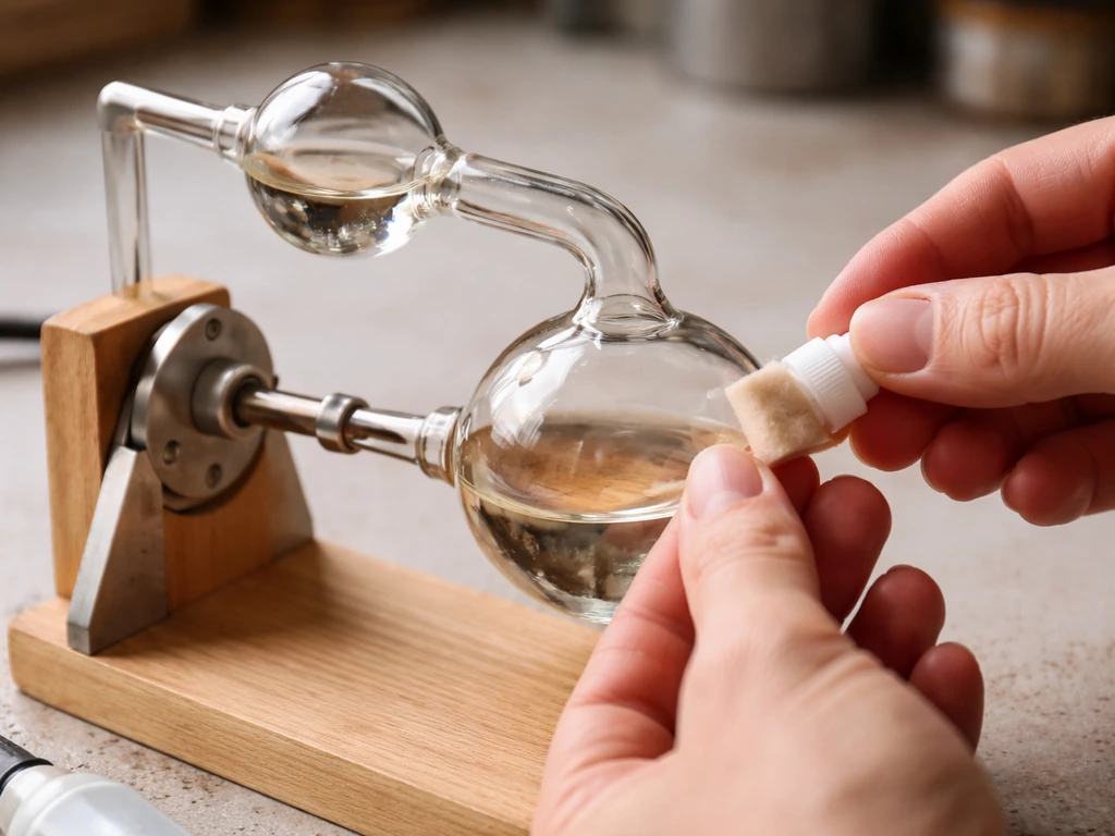 Hands align a yoke and glue a felt wick on a two-bulb glass mechanism on a simple stand.