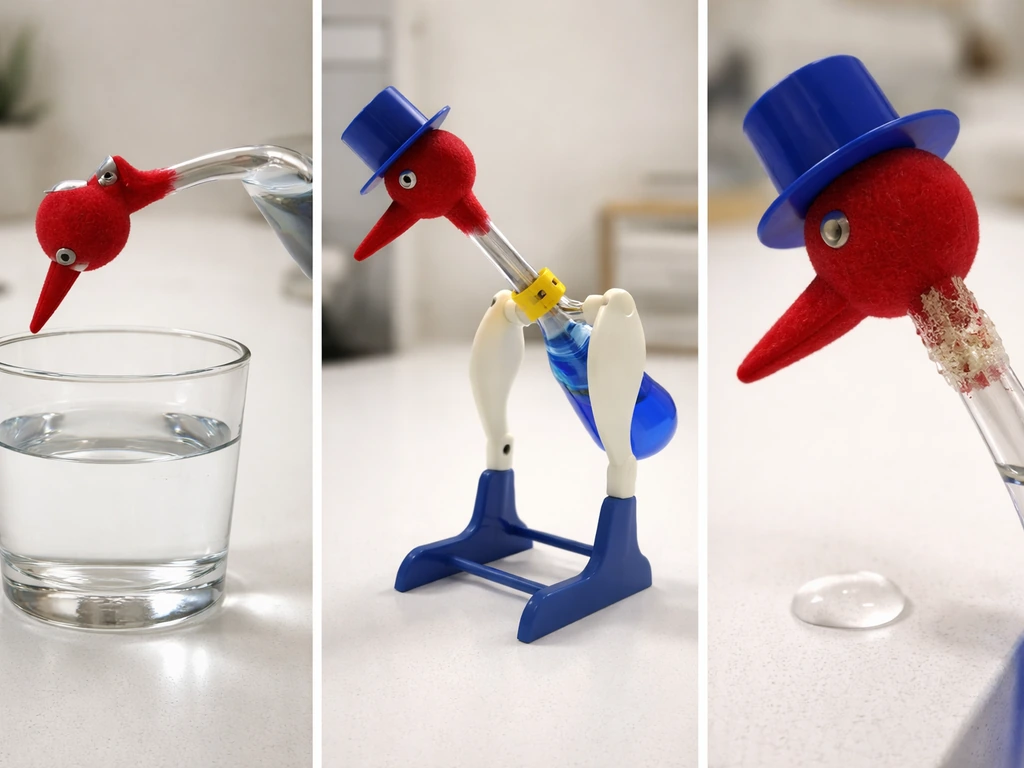 Three minimal bench setups showing a drinking bird failing to dip: gap to water, high pivot, and dried/crusted wick.