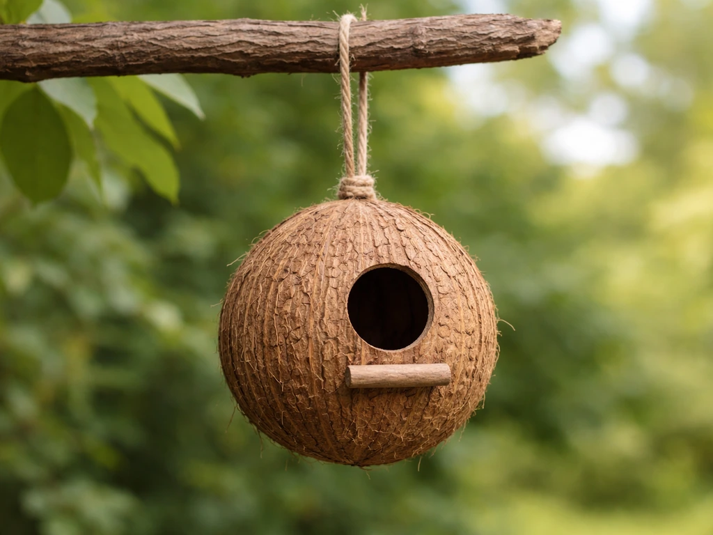 Finished coconut-shell bird house hanging outdoors with a visible entrance hole in natural light.