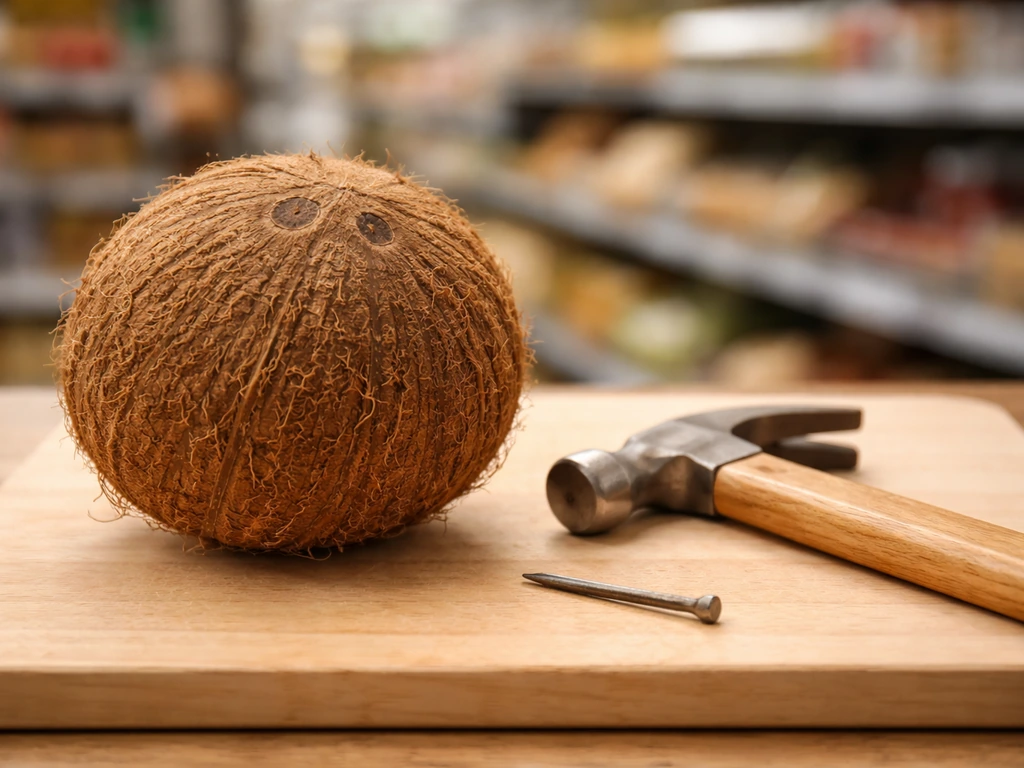 Mature brown coconut on a cutting board with a hammer and nail tool ready to open it.