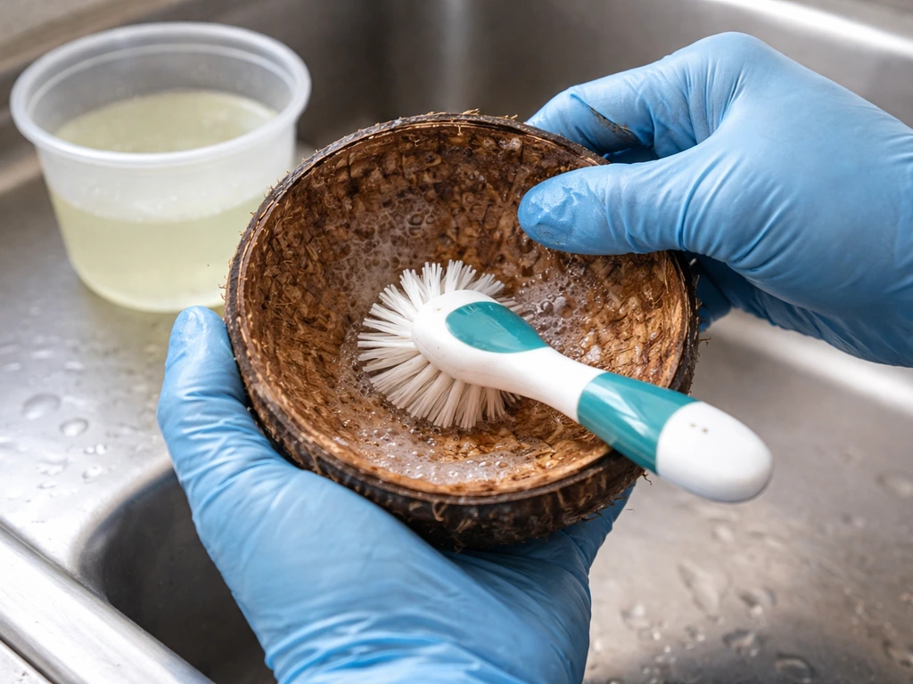 Gloved hands scrubbing the inside of a coconut shell with a bleach-water solution