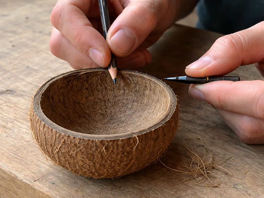 Hands marking an entrance hole on a coconut shell half on a wooden workbench.
