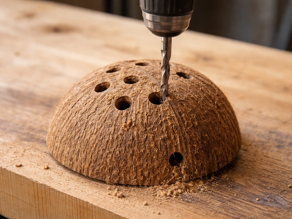 Close-up of a coconut shell on a wooden bench with drainage holes visible while drilling.