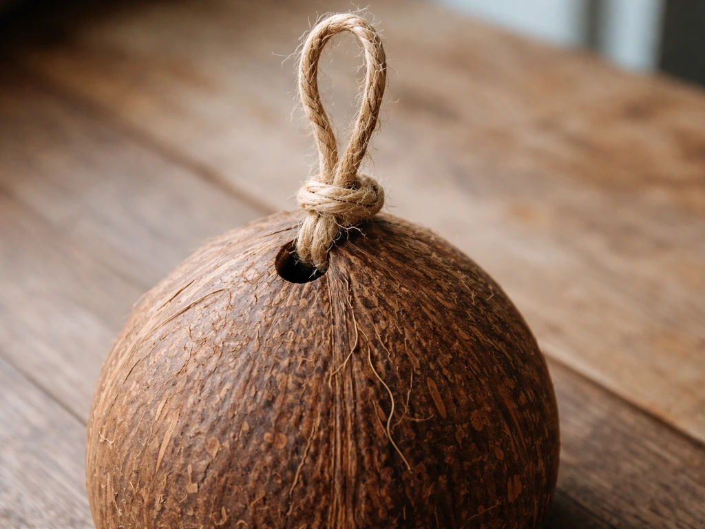Coconut shell with a twine loop threaded through a small hole at the top for hanging.