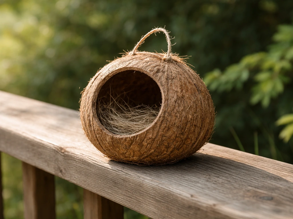 Uncoated coconut shell bird nest outdoors on a wooden railing in natural daylight.