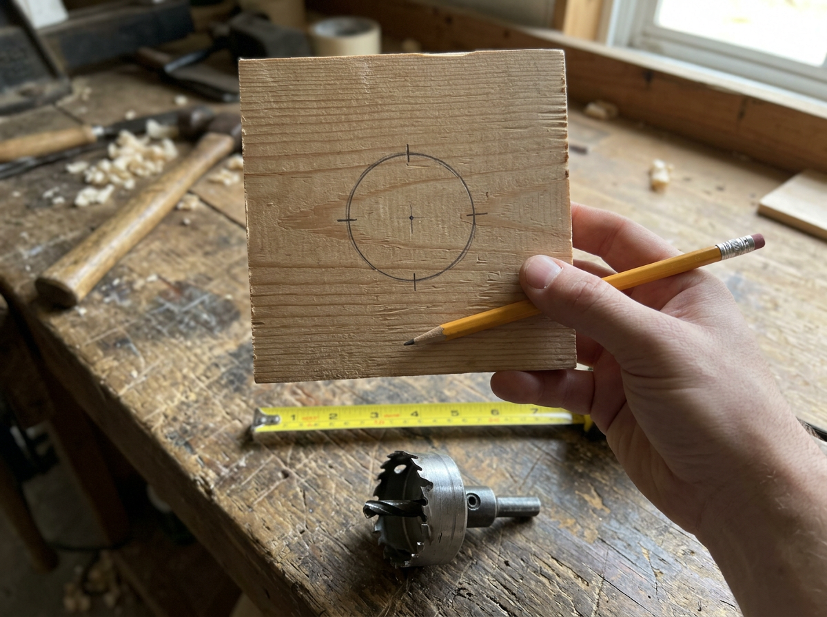 Measuring and marking an entrance hole on a DIY bird house front panel for a target species.