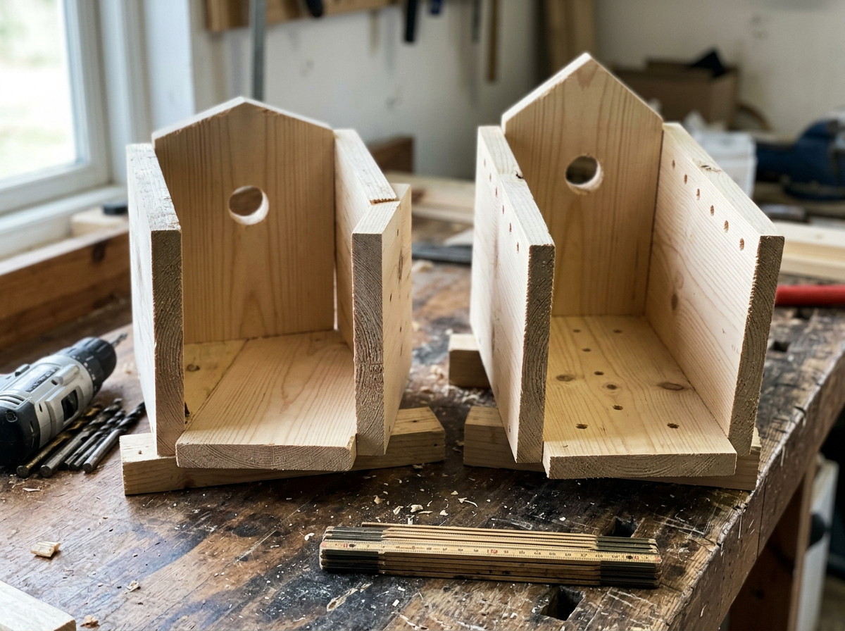 Ventilation and drainage holes drilled on bird house panels on a workbench.