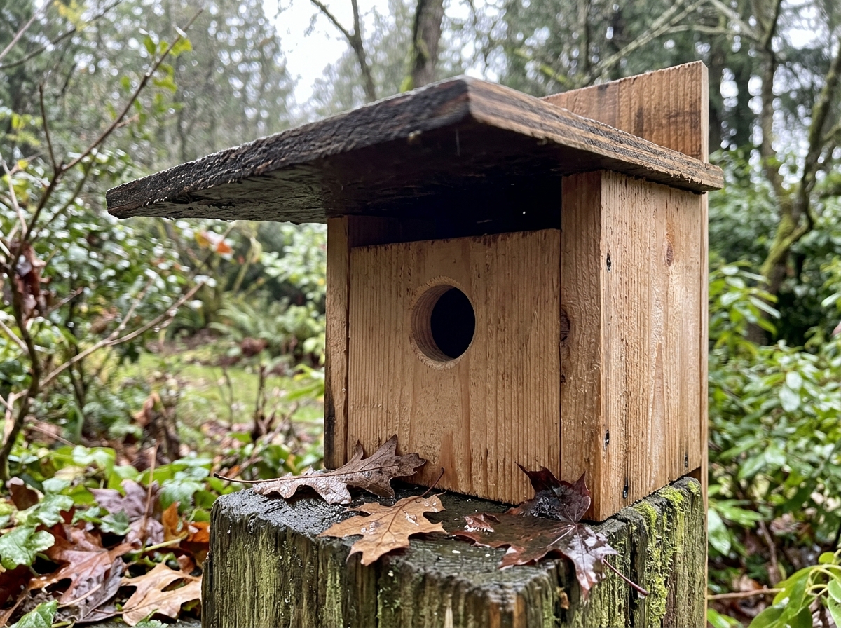 Bird house roof overhang extending past the front to shield the entrance from rain.