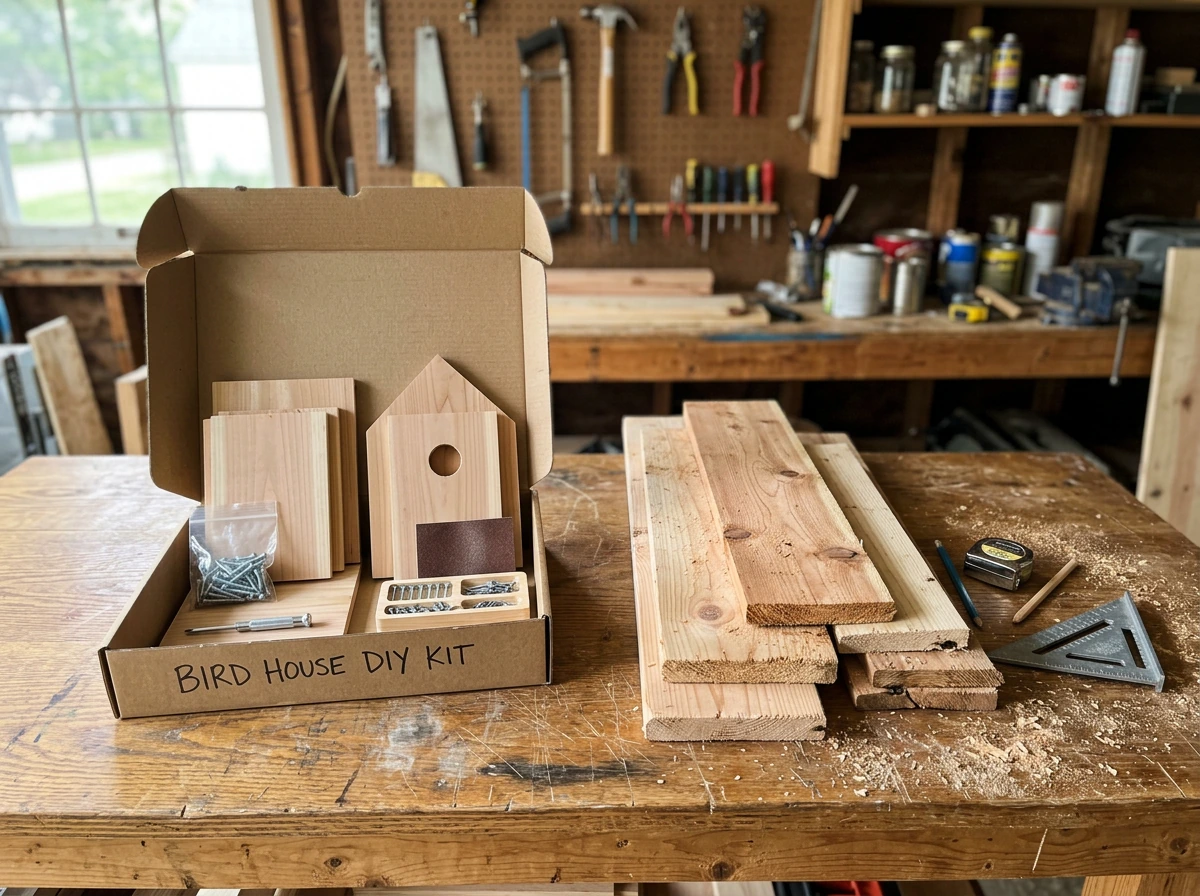 DIY bird house kit parts compared with raw wood pieces for building from scratch.