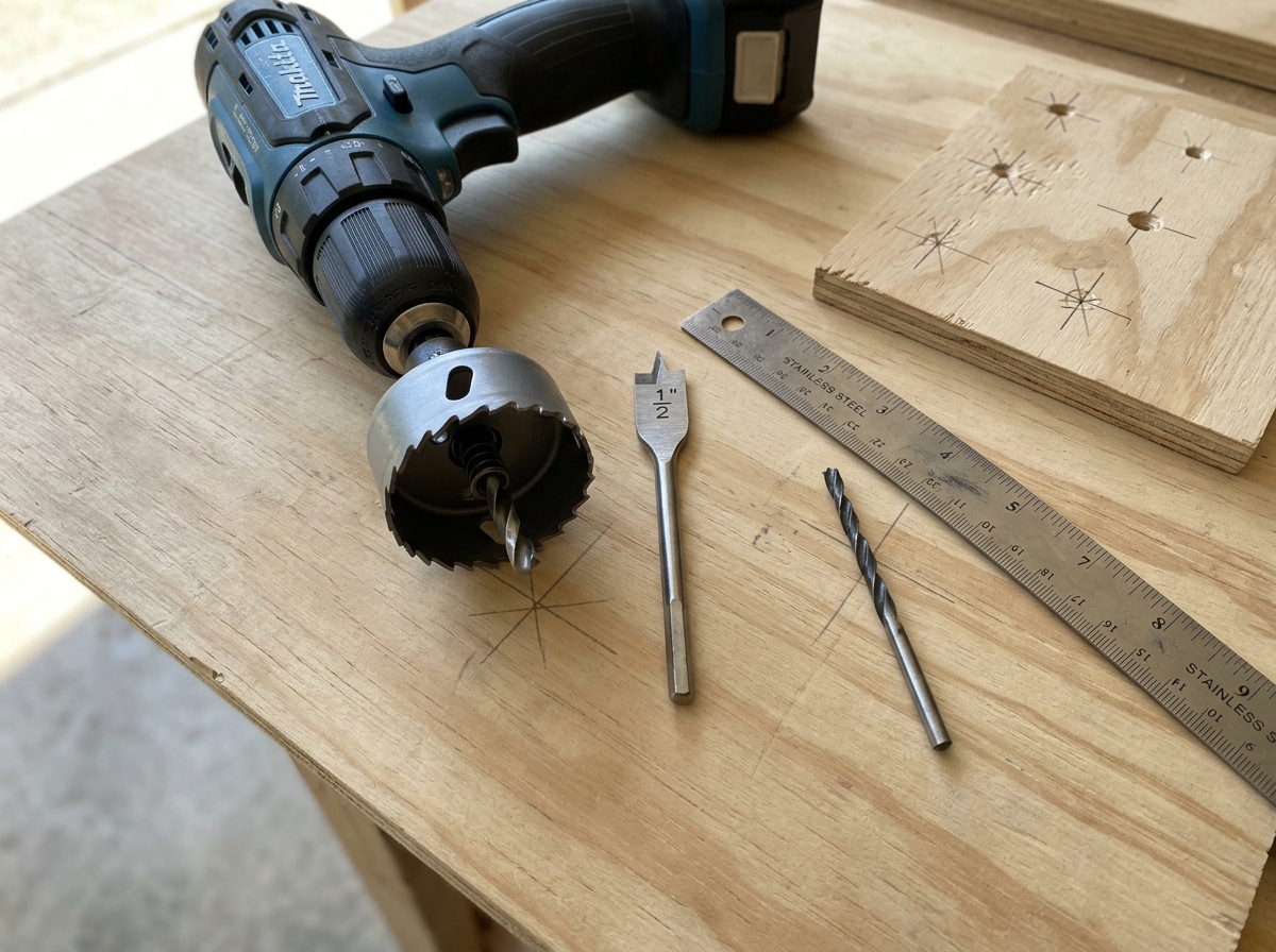 Tools for drilling a DIY bird house, including a hole saw bit and smaller drill bits.