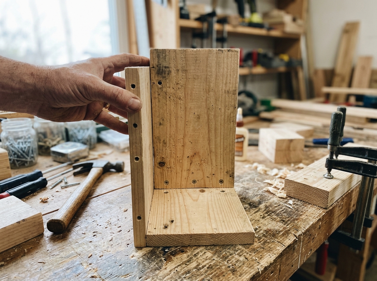 Building step showing screws fastening the bird house floor to the back panel and side.