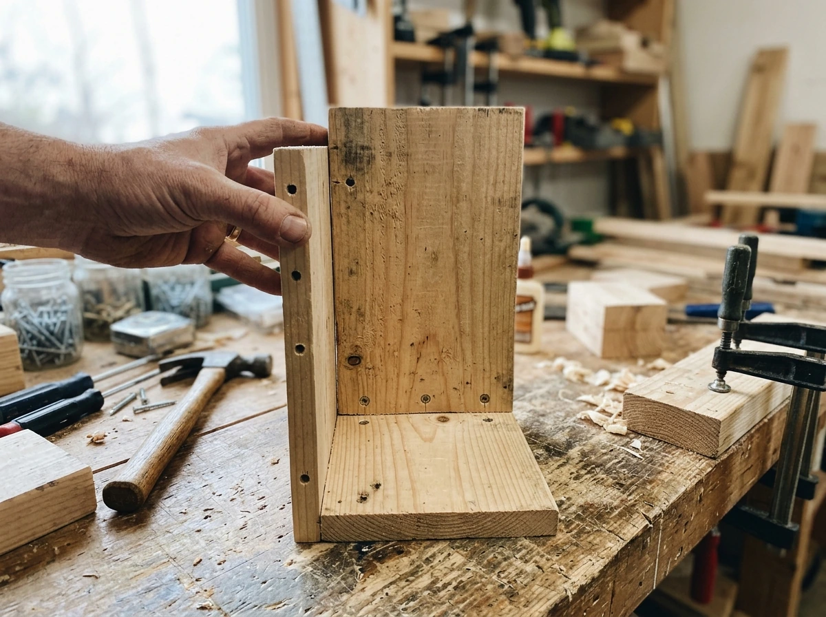 Building step showing screws fastening the bird house floor to the back panel and side.