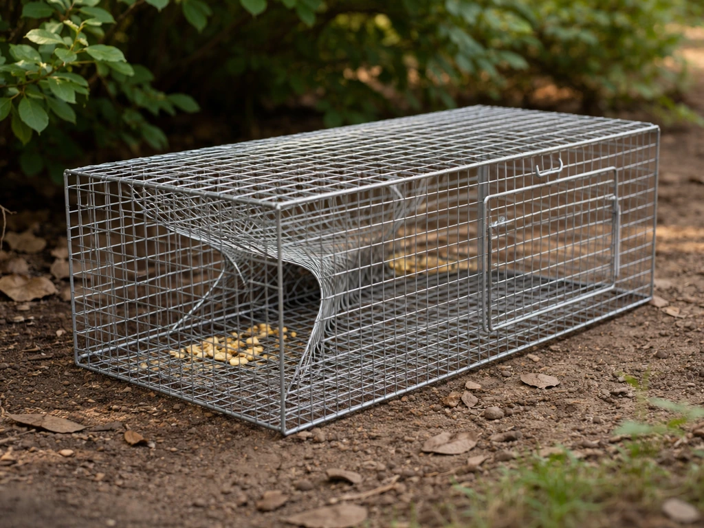 Humane DIY funnel-entry bird trap from wire mesh in a backyard near shrubs, with open funnel and door.