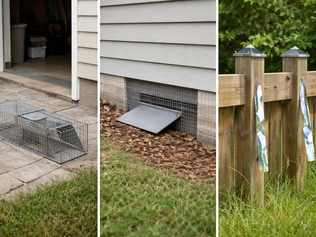 Three small backyard setups side-by-side: live-capture trap, exclusion mesh/entry blocking, and deterrent perch/visual c