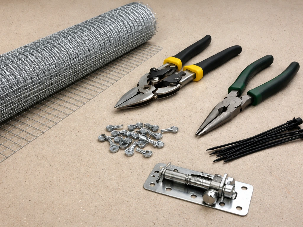 Hardware cloth roll with wire cutters, needle-nose pliers, clips, and latch hardware laid on a workbench.