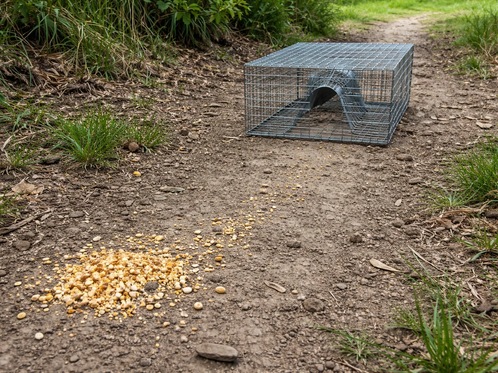 A small funnel bird trap positioned on an outdoor path with prebait crumbs leading into it.