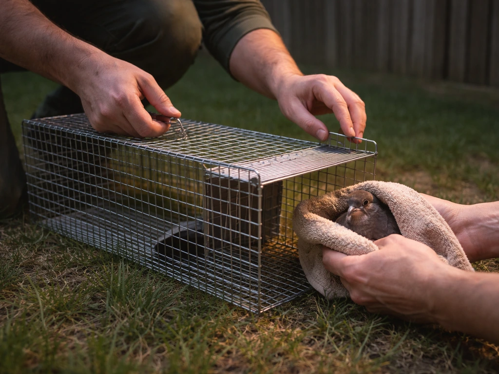 Hands move an animal trap to a quiet spot and gently cup the bird with a small towel.
