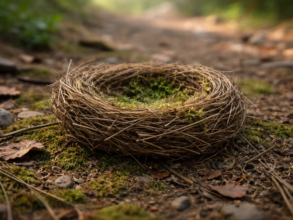 Completed DIY bird nest model of twigs, grass, and moss on a forest floor in natural light.