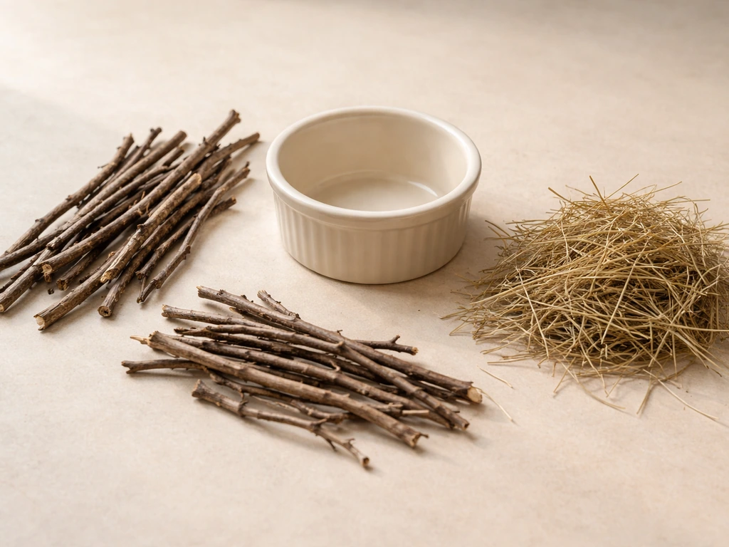 Dry twigs, small branches, dried grass, and a small bowl mold arranged for making a bird-like nest model