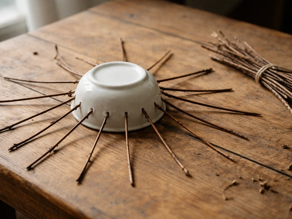 Inverted ceramic bowl mold with twigs spokes forming the base for a cup nest