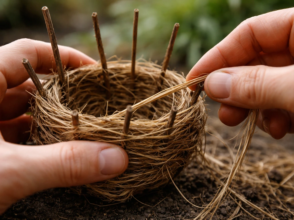 Close-up of hands tuck-and-loop weaving a cup nest wall around branching spokes