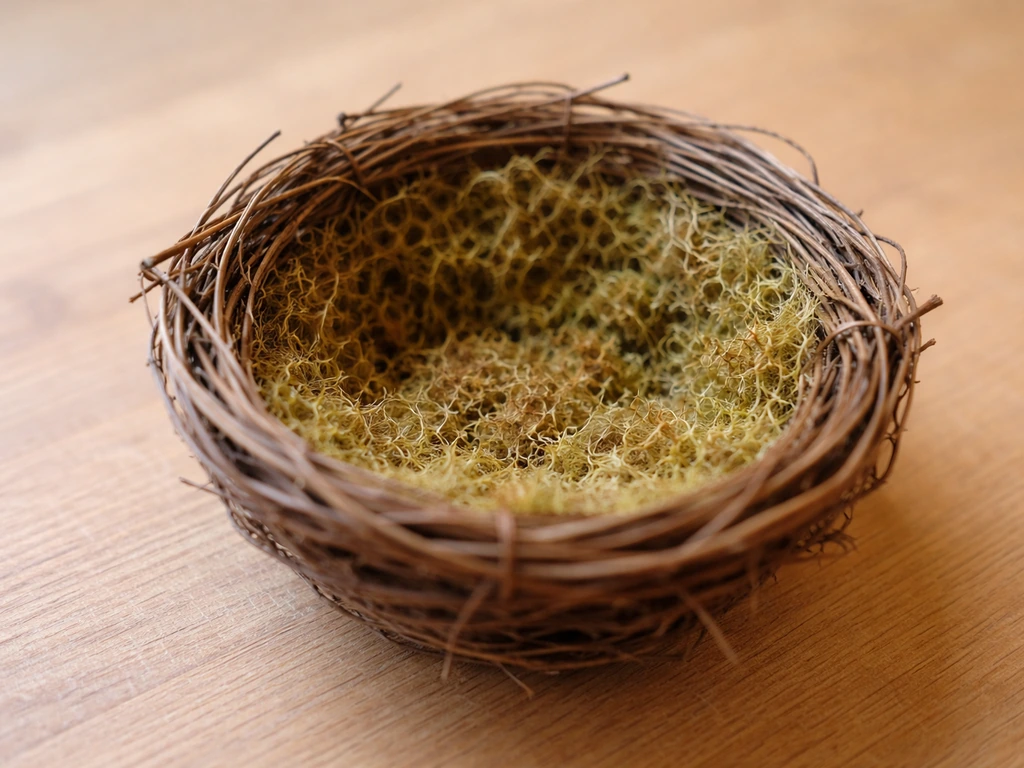 Fine dried moss pressed into the interior of a small nest cup
