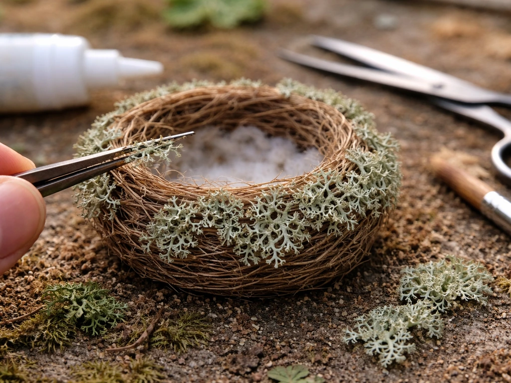 Close-up of a nest model outdoors as pressed lichen decorative pieces are added to its surface.